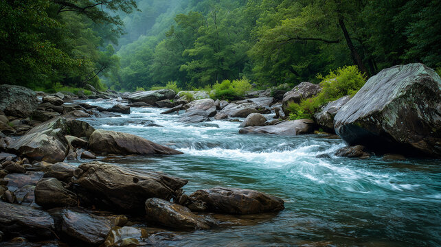 A detailed view of a river with fast flowing, light blue water cascading over and around a multitude of wet rocks. the rocks vary in size. Ai generated