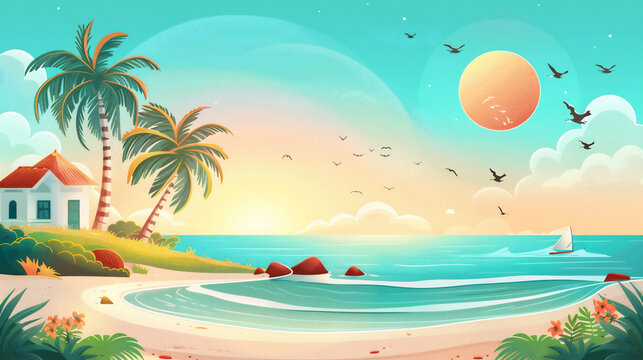 Summer beach vacation with travel elements. Minimal style and sunny tones convey lightness