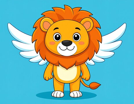 Cute Cartoon Lion with White Wings Standing on Blue Background
