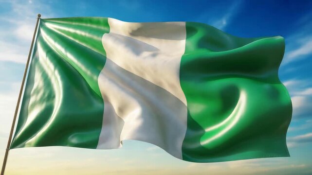 Nigeria flag waving in the wind, Nigerian national colors of green and white, fabric texture of the Nigerian flag against a blue sky background