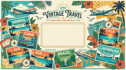 Vintage travel flat vector background, airplanes, postcards and retro tropical colors, empty center for advertising   © Maftuh