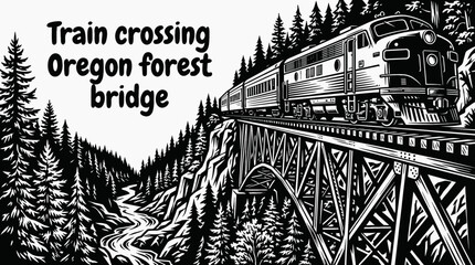 Naklejka premium passenger train crossing oregon forest bridge black and white vector railway scenic landscape