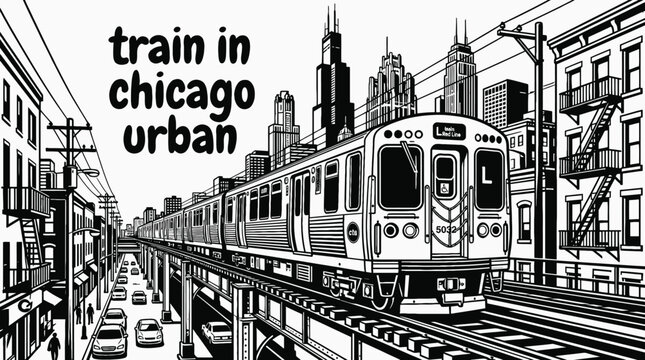 Electric train moving through chicago urban skyline vector illustration black and white railway transportation