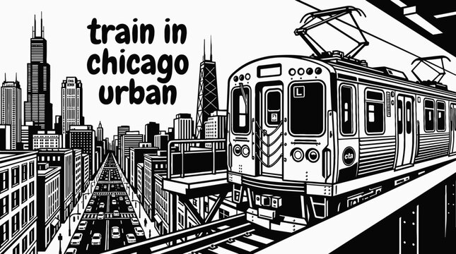 Electric train moving through chicago urban skyline vector illustration black and white railway transportation