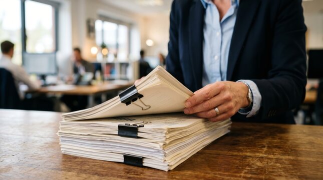 Cropped view of corporate female executive organizing heavy stack of paperwork at wooden office desk