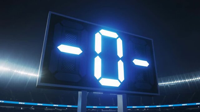 Digital stadium scoreboard with glowing blue zero, illuminated sports arena display at night, electronic scoreboard showing zero score in dark stadium