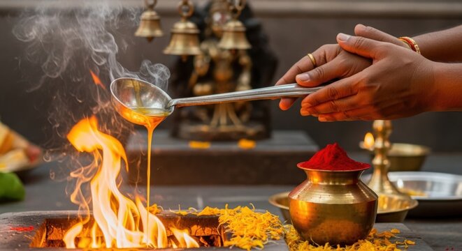 Ritual ceremony with flames and offerings in traditional worship setup. Ceremony includes pouring ghee into fire with decorative elements, colorful powder, and bronze utensils.