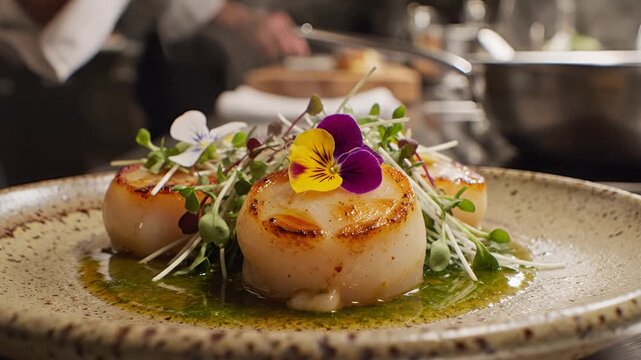 Gourmet Seared Scallops with Microgreens and Edible Flowers.