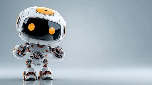 Small robot points forward in a simple setting showing its robotic design and features showcasing technology and creativity