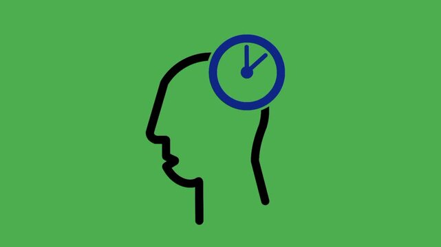 Human head and clock icon representing thinking time, decision making, planning, concentration, and mental process.