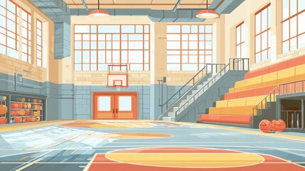 Fototapeta premium Gymnasium interior with bright space, colorful floor markings, basketball hoops, bleachers, and sports equipment arranged for activities and events.