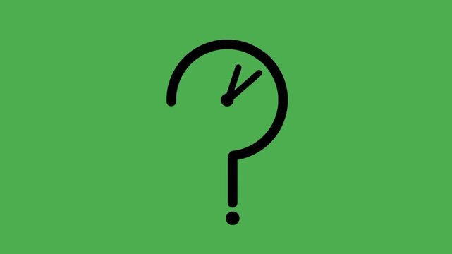 Question mark and clock icon in black outline. Symbol of thinking, decision, planning, waiting, and time management