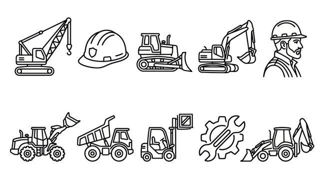 Construction Vehicles and Machinery Outline Vector Illustration Set