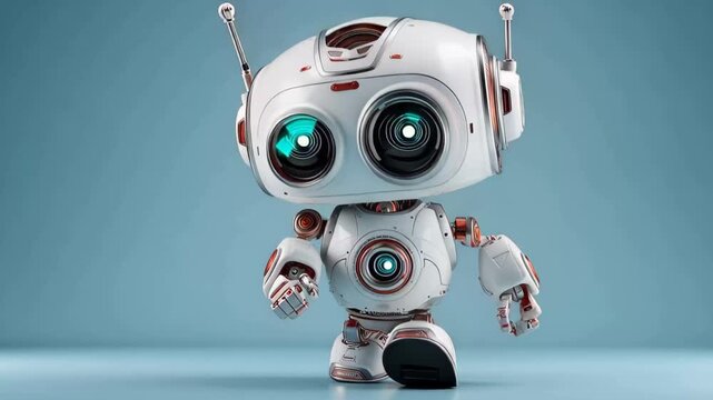 A small robot with big eyes and shiny surface is pointing while standing on a light blue background. It has a round body and mechanical arms that show its design features clearly
