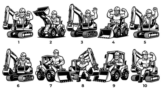Strong Muscle Construction Worker and Heavy Equipment Mascot Set