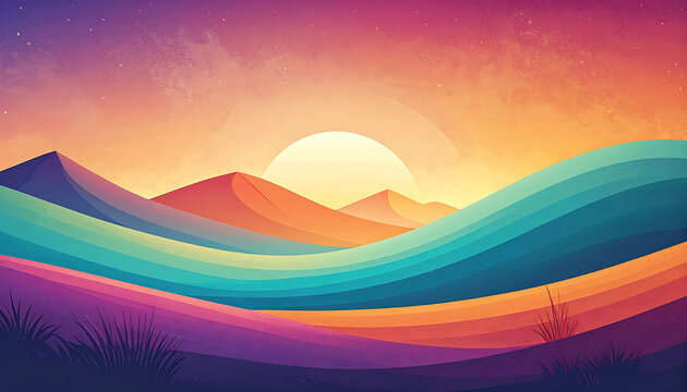 Pixel art landscape at sunset with rolling colorful hills and a glowing sun, vibrant retro aesthetic, serene mountainous vista