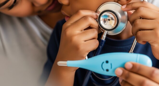 Playful doctor role with child using stethoscope and thermometer during health checkup at home. Child enjoys mimicking doctor with medical tools, feeling joy and curiosity about health.
