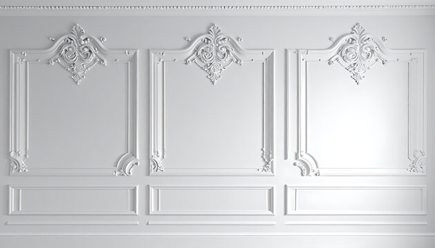 ornate white wall paneling with rococo style decorative elements, architectural detail, interior design element, elegant molding