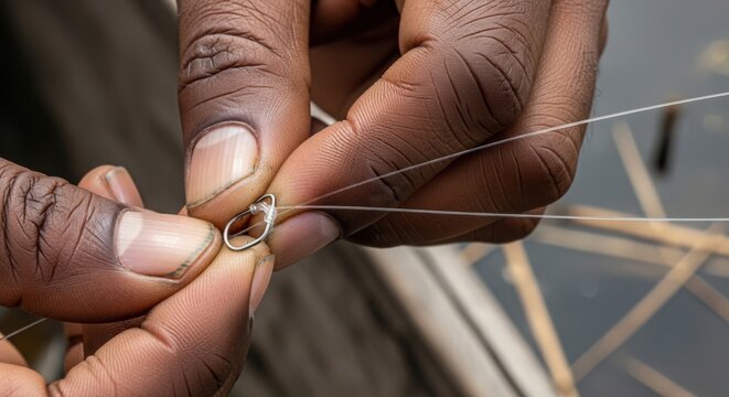 Fishing preparation with hands tying fishing line and hook at serene water edge. Fishing involves careful handling of tackle and bait for successful catch.