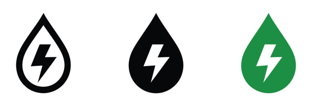 Water drop lightning bolt icons featuring flat hydropower energy symbols in three variations for renewable power and sustainability concepts. Vector illustration.