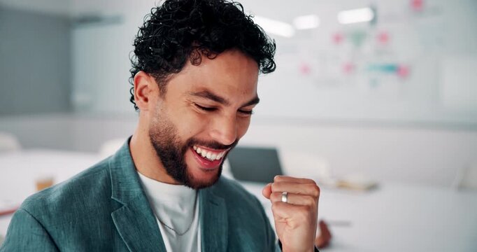 Fist pump, tablet and businessman in office with good news, bonus or investment profit on email. Cheering, winning and financial manager with digital technology for finance report with revenue growth