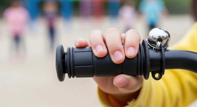 Child's hand holding scooter grip with bell at playground. Scooter grip features durable rubber and metal bell, ideal for ensuring safety in shared spaces. Concept of outdoor playtime with scooter.