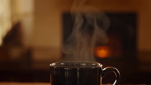 Steaming hot coffee mug in front of a cozy fireplace