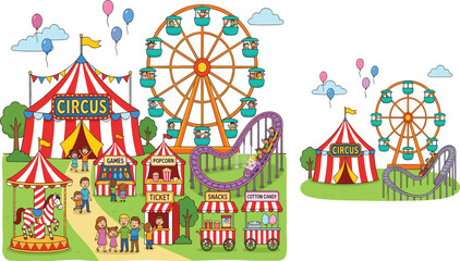 Fototapeta premium Circus Carnival Amusement Park Scene with Family and Fairground Rides