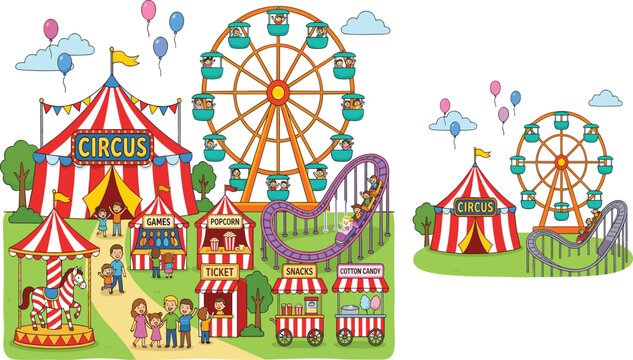 Circus Carnival Amusement Park Scene with Family and Fairground Rides