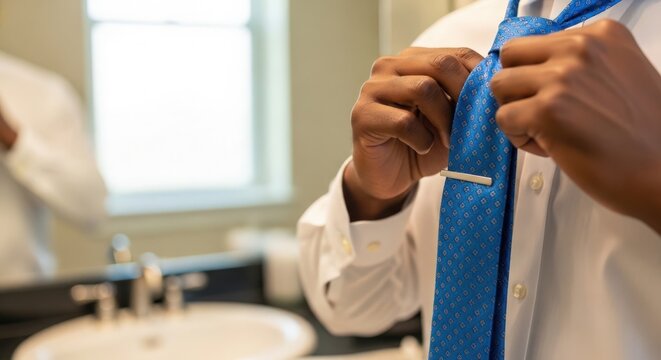 Man tying blue tie in front of mirror with hands adjusting the knot. Man in white shirt preparing for event, looking presentable and stylish in front of bathroom mirror.