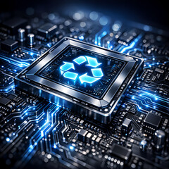 Fototapeta premium Sustainable Green Technology Processor with Recycling Symbol on Microchip, Electronic Waste Management and Circular Economy Innovation Concept