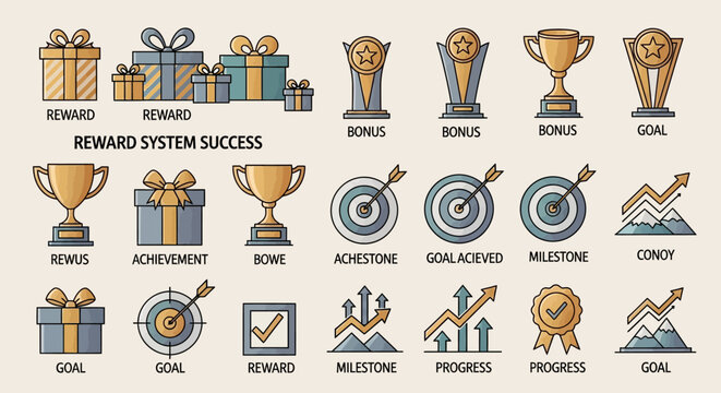 Collection of reward system icons and symbols for motivation and success.