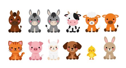 Naklejka premium Cute Cartoon Farm Animal Vector Set - Kawaii Domestic Animals Collection for Kids Education and Design