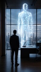 Fototapeta premium Office Worker Facing Towering AI Silhouette