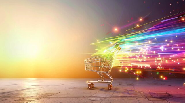 Empty Shopping Cart Surrounded by Vibrant Colorful Light Trails in Modern Urban Setting