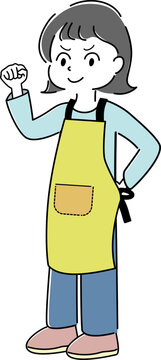 エプロンをつけたガッツポーズの女性の全身イラスト（主婦・仕事・パート・立ち姿） / Full-Body Illustration of a Woman Wearing an Apron Making a Fist Pump Pose (Housewife, Work, Part-Time Job, Standing)