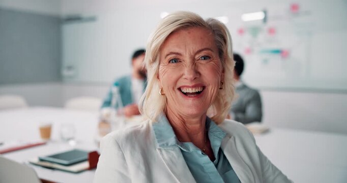 Meeting, happy or woman in office with face, pride or ambition in budget analysis. Confidence, business or mature finance director in agency with smile, about us or opportunity in revenue management.