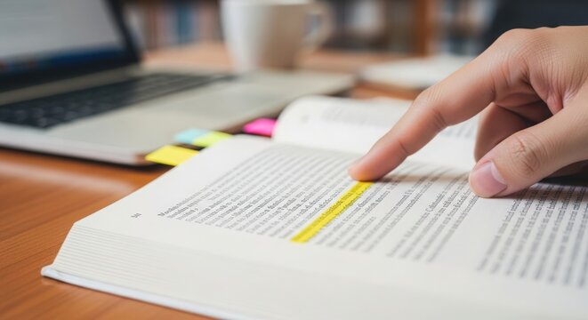 Focused studying with highlighted book and laptop on table, finger pointing at important text in open book.