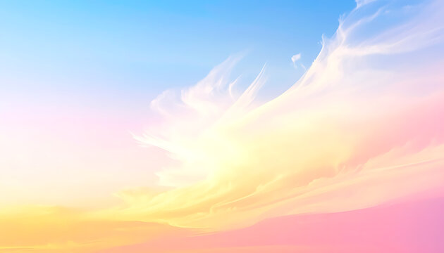 pastel sky with wispy clouds at sunrise or sunset, soft gradient of blue, pink, and yellow, serene and tranquil atmosphere, perfect for background