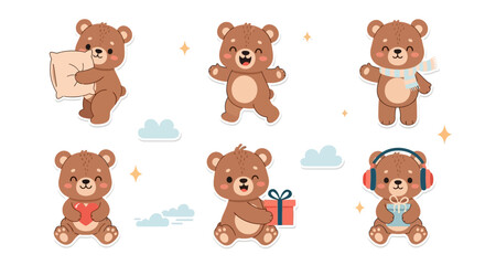 Fototapeta premium Cute Cartoon Teddy Bears Set, Adorable Animals with Various Activities