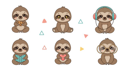 Obraz premium Cute Cartoon Sloth Set with Accessories, Kawaii Animal Collection