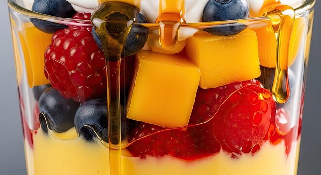 Close up of a fruit parfait with berries and a drizzle of syrup in a glass
