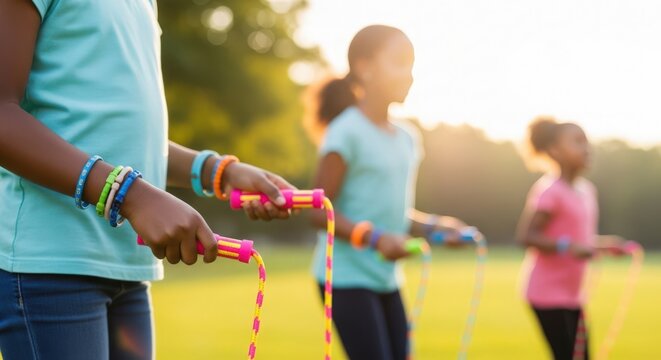 Children skipping rope during outdoor play in sunlight, energetic kids engaging in fitness activity with colorful jump ropes. Skipping rope promotes healthy lifestyle and active play for children.