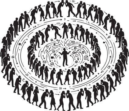 People whispering in concentric circles around a central figure representing gossip rumors communication and social network dynamics