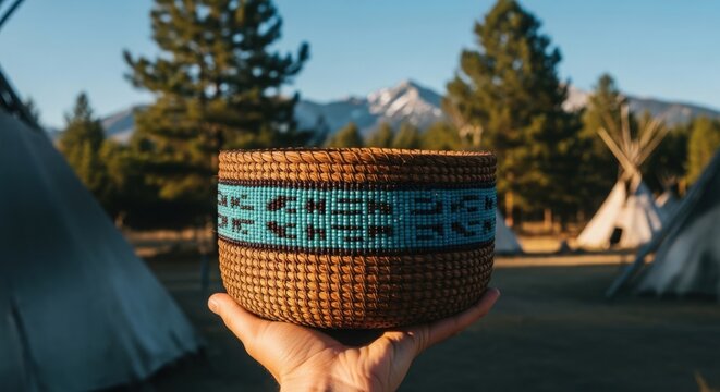 Handcrafted basket with intricate design held in foreground, surrounded by picturesque landscape and teepees in background. Handcrafted basket displays unique artistry in cultural setting,