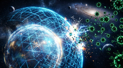 Obraz premium A vibrant blue digital energy shield deflects dangerous green spiked virus particles in a dynamic explosion of light and electrical sparks during a chaotic cosmic battle.