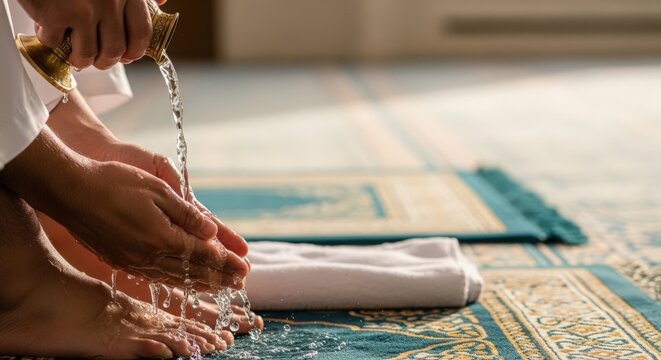 Performing wudu with water flowing on feet, towel and prayer mat placed on floor for religious practice. Ritual wudu emphasizes purity and cleanliness before prayer,