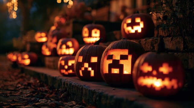 A row of Jack-o'-lanterns with pixel art faces (e.g., Minecraft creeper) for a modern Halloween display