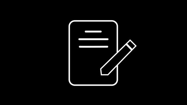 Minimal white outline icon of a corporate document paper and a pencil for writing notes, signing contracts, or editing reports.