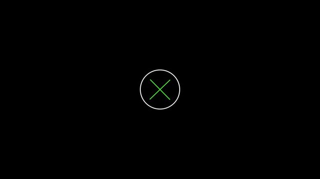 Glowing green neon cross sign icon inside a white circle button over a dark black background for interface cancel or delete concept.